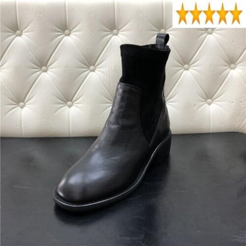 On Winter Fashion Womens Slip Motorcycle Genuine Leather Ankle Patchwork Round Toe Low Heels Biker Shoes Punk Ladies Boots