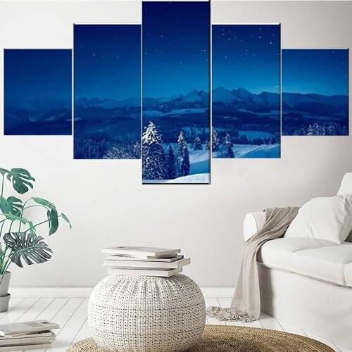5 Pieces Wall Art Canvas Painting Landscape Poster Night Snow Mountain Modern Home Decoration Modular Pictures Living Room Frame