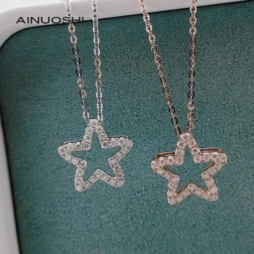 AINUOSHI 18K Gold 0.23ct Real Full Diamond Star Pendant Necklace Classic Natural Elements Valentines Day Jewelry 18