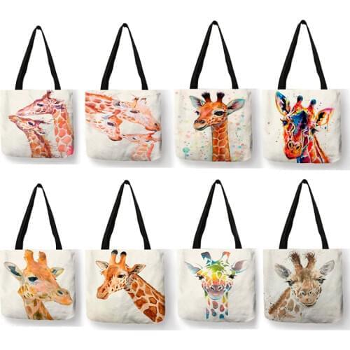 Watercolor Giraffe Deer Print Tote Bags for Women Casual Handbags Shopping Bag Large Capacity Dropshipping Wholesale SY0060