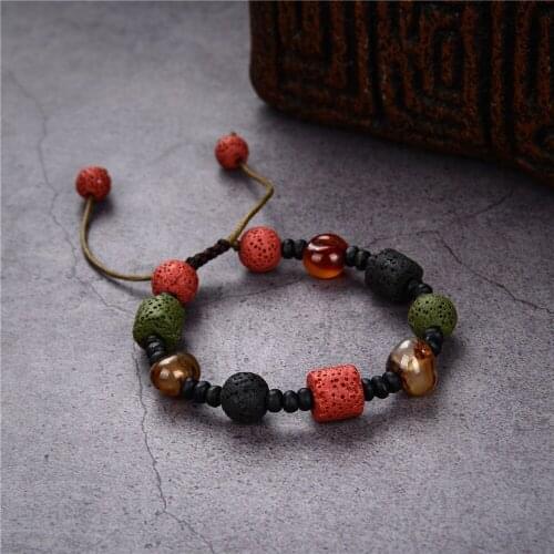 Retro Natural Stone Agates Volcanic Rock Strand Bracelets Hologram Bangle Adjustable Rope Chain Women Yoga Anion Jewelry Y1002