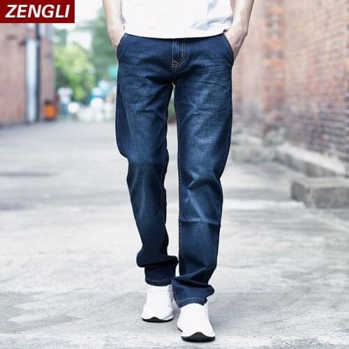 ZENGLI Brand Mens Jeans Comfortable Cotton Fashion Casual Blue Black Loose Solid Elastic Denim Trousers Plus Size 28-48