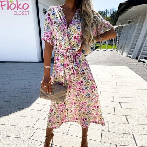 Flokocloset Casual Short Sleeve Beach Maxi Dress Women Floral Print Boho Long Dress Elegant V Neck Lace-Up Belted Party Dress