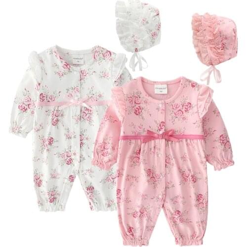 Ircomll bebe 2PCS/Set Lace Print Baby Girl Romper With Hats Newborn Baby Girl Clothes Princess Jumpsuit