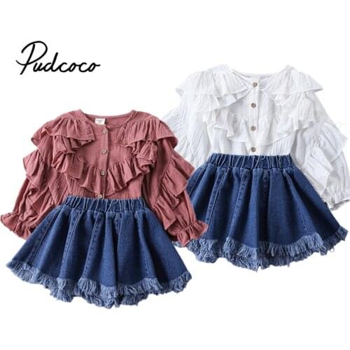 3-9Years Child Girl 2Pcs Outfit Set, Childrens Solid Color Ruffled Shirt Raw Edge Denim Short Skirt for Kids Spring Autumn
