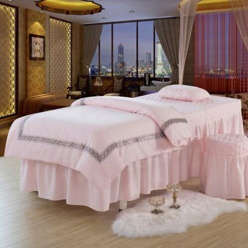 European Style 4pcs Beauty Salon Bedding Sets Massage Spa Use Embroidery Duvet Cover Bed Skirt Quilt Sheet Bed Linen