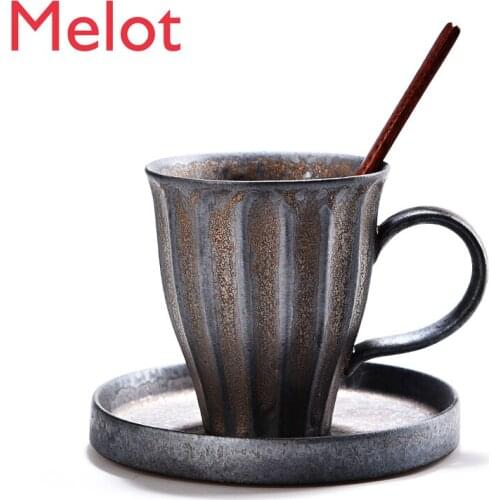 Creative Retro Mug with Spoon Simple Ceramic Couple Water Cup Office Handmade Coarse Pottery Coffee Set
