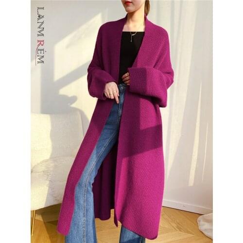 LANMREM Casual Korean Knitted Loose Sweater Thickened Coat Cardigan Womens Medium Length Female 2021 Autumn Winter New 2T1024