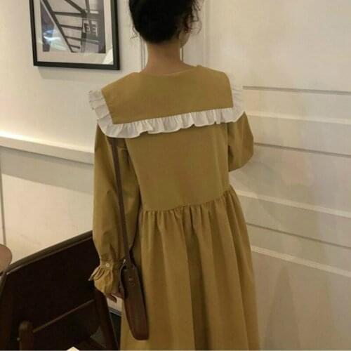 Sweet Students Long Sleeve Botton Dress Women Patchwork Peter Pan Collar Ulzzang Bow A-line Loose Korean Elegant Solid Vestidos