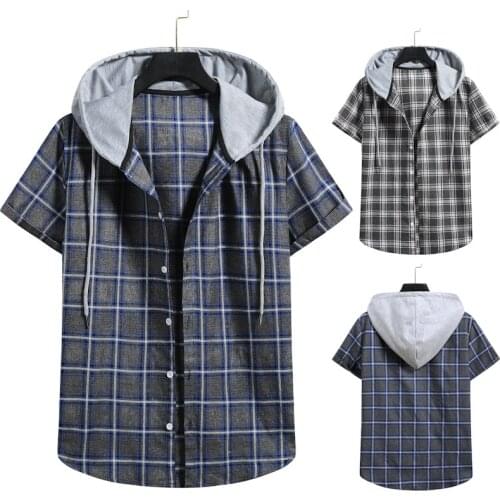 2021 Summer Men Checked Hooded Shirt with Short Sleeves