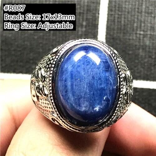 Top Natural Blue Kyanite Ring Jewelry For Man Crystal Beads Cat Eye Oval Beads Silver Love Gift Stone Adjustable Size Ring AAAAA