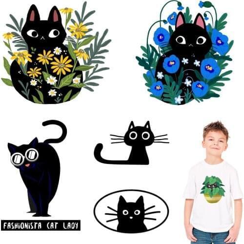 Flowers and cats black cats Patches for Kids Clothing Jacket Garment Accessories Patches for clothing Thermal Stickers