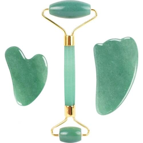 Aventurine Jade Roller Gua Sha Scraper Set for Facial Massage Eye Relaxation 100% Natural Stone Face Skin Care Roller Guasha Kit