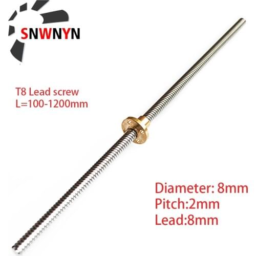 OD 8mm T8 Lead Screw Pitch 2mm Lead 8mm 150mm 200mm 300mm 350mm 400 500 600 800 1000mm 1200mm With Brass Nut For CNC 3D Printer