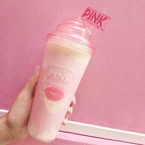 Cute Girl Powder Ice Cream Plastic Straw Cup, Red Lip Transparent Korean Creative Water Cup, Student Cute Cup AP1637