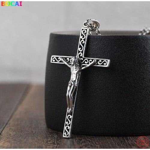 BOCAI S925 Sterling Silver Charm Pendants Retro Old Pattern Hollow Cross Hanging Drop Pure Argentum Amulet for Men Women