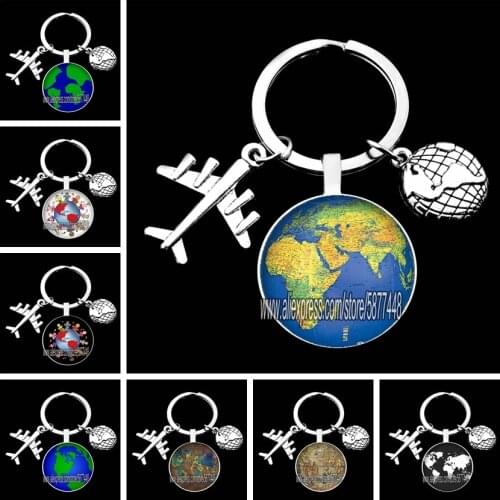 World Map Glass Cabochon Keychain Travel Exploring Glass Dome Aircraft Charm Pendant Keychain for Women and Men