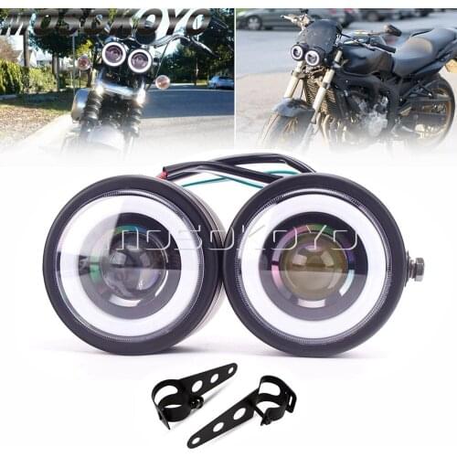 Vintage Dual Twin Round Dominator Headlight Front Head Lamp + 28-42mm Fork Mount Bracket LED Angel Eye Lamp Lighting Universal