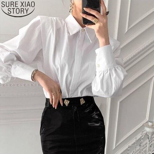2021 New Spring Vintage Minimalist Loose White Shirts for Women Autumn Blouses Chic Turn-down Collar Solid Female Shirts Tops