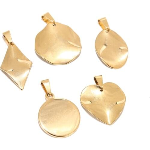 10pcs Stainless Steel Gold Plated Uneven Round Rhombus Oval Heart Pendants Charms for DIY Jewelry Making Findings Accessories