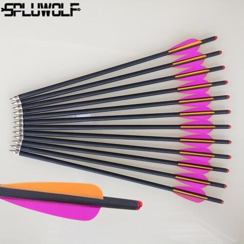 12 PCS 8.8 mm Archery Hunting Bow Arrows with 2 purple 1 orange Feathers Carbon Crossbow Bolts