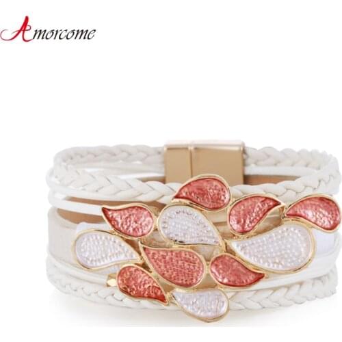 Amorcome Boho 2021 New Enamel Waterdrop Charm Bracelet Women Braided Leather Wide Cuff Bracelets Multilayer Female Wrist Jewelry