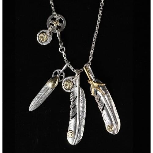 Solid 925 Sterling Silver Feather Necklace For Men Vintage Charms Takahashi Pendant Eagle Chain New Popular Jewelry P7