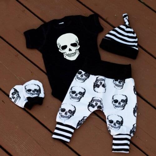 Infant Kids 4 Piece Set Halloween Scary Skull Skeleton Bone Print Costume Child Boys Horror T Shirt Tops+ Long Pants+Hat+Gloves
