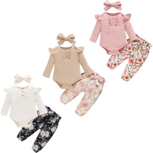 FOCUSNORM Newborn Baby Girls Clothes Sets 3pcs Flowers Print Ruffles Long Sleeve Romper Pants Headband 0-24M