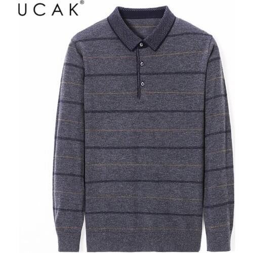 UCAK Brand Fashion Stripe Sweaters Men Clothing Streetwear Autumn Winter Pullover Homme Turn-down Collar Sweater Clothes U1067