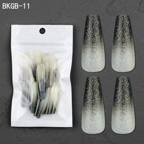 24pcs Gradient Nail Glitter Powder Design Coffin Fake Nails Black Gradient Ballet Tips Manicure Press on Nail Art Decorations