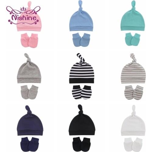 Newborn Comfortable Soft Knitting Cotton Cap and Glove Set Baby Anti-Grab Face Protect Mitten Cute Handmade Knotted Striped Hats