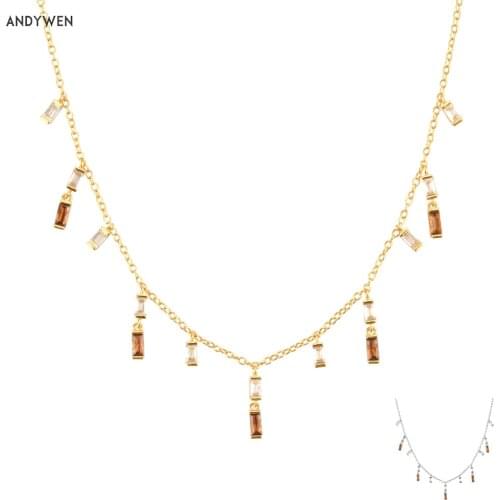 ANDYWEN 925 Sterling Silver Brown Zircon Charm Choker Chain Long Necklace 40cm Collar Corto AVA Rosa Oro Luxury Jewelry Gift