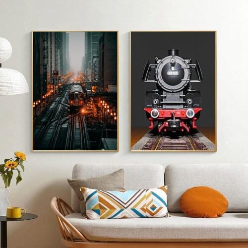 Nordic Retro Poster Steam Locomotive Black and White Canvas Children Room Home Furnishings Red Train Railway Track Oil Painting
