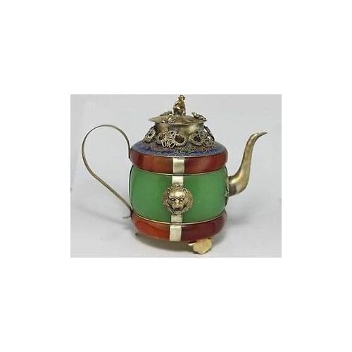 Handwork Red Green Jade Monkey lid Carved Mascot Lion Tibet Teapot Garden Decoration 100% real Tibetan Silver Brass