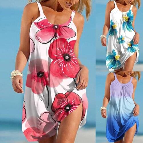Loose Beach Sleeveless Floral Print Dresses 2021 Summer Womens Dress Sexy Beach Spaghetti Strap A-Line Slip Sundress Vestidos