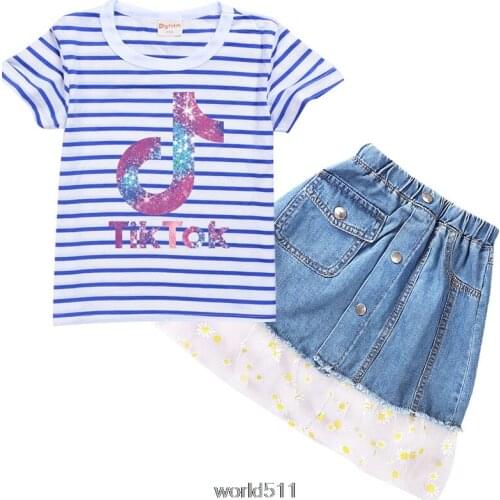 Tik Tok Clothes Kids Cartoon T Shirt Denim Shorts Skirt Bow 2pcs Set Boys Tracksuit 100% Cotton Toddler Girls Outfits