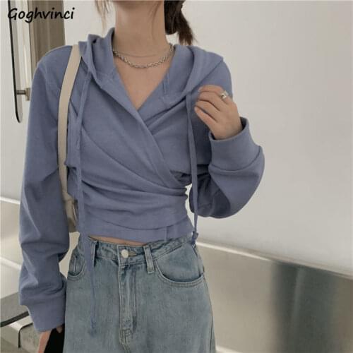 With Hat Hoodies V-neck Thin Elegant Women Spring Autumn Pleated Korean Style Leisure All-match Simple Solid Leisure Hoodie New