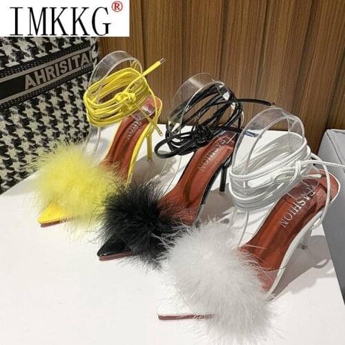 2021 Summer New High Heels Womens Shoes Sandals PVC Transparent Feather High Heels Fur Pointed Toe Womens Sandals