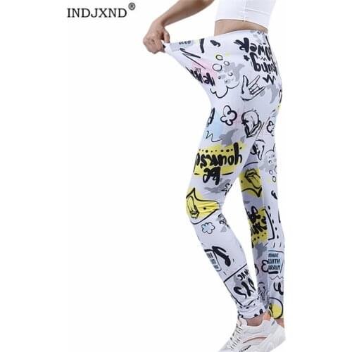 INDJXND Black White Letter Printing Leggings Women Graffiti Push Up Fitness High Waist Workout Pants Fashion Gym Pattern Bottom