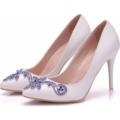 2020 new spring autumn casual Thin high-heeled shoes women pumps wedding Party banquet PU Rhinestones Slip On 9.5CM Pointed Toe