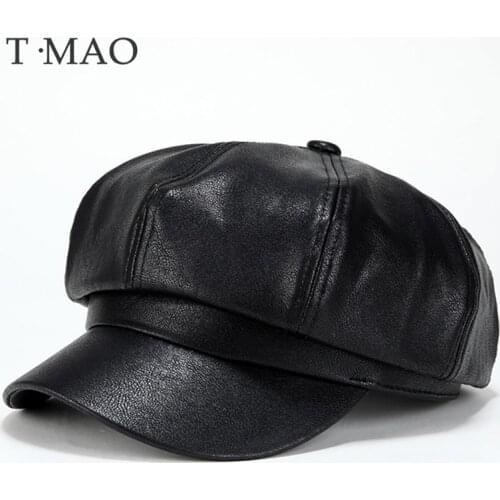 T-MAO Women Girl Beret Pu Leather Winter Beanie Hat Mens Caps Vintage Plain Beret Hats Solid Color Elegant Lady Winter Caps