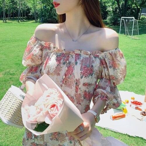 French Off Shoulder Flower Midi Dresses for Women Korean Fashion Evening Party Dress 2021 Summer Vintage Boho Dress Y2k Design