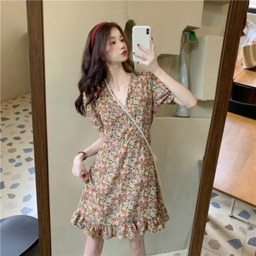 Ladies Retro Floral Dress Cross V-neck Fungus Slim Short Summer Elegant Chiffon Short Sleeve Dress