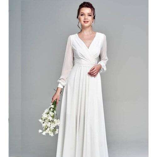 Long Sleeve Wedding Dress Chiffon Side Slit A-Line Floor length Simple Beach Vintage For Lady Robe De Mariee Charming Cheap