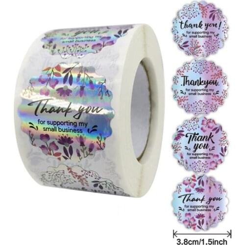 1.5Inch Sealing Labels Flowers Thank You Stickers Decoration Laser Silver Paper Scrapbook Sticky Sticker Stationery Supply 50PCS