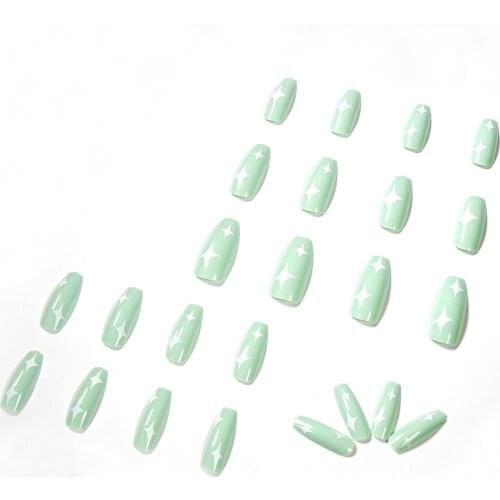 24pcs Matcha Green Fake Nail Patch Star Print Glue Type Removable Long Paragraph Fashion Manicure False Nail Patch SANA889
