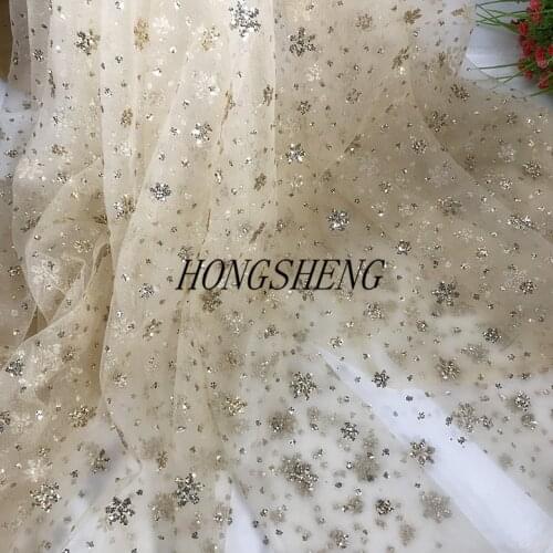 Champagne White Stars Sequins Bronzing Net Yarn Lace Fabric 130CM Wide DIY Sew Clothes Wedding Dress Curtain Accessories