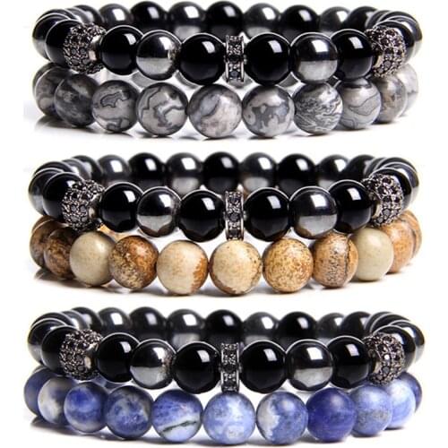 2pcs/set Natural gray map yellow picture blue sodalite stone beads bracelet for men energy jewelry gifts friendship bracelets