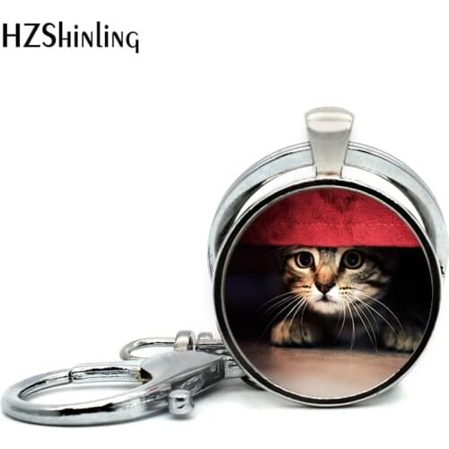 2017 New Arrival Cute Cat Key Chain Handmade Glass Dome Jewelry Animal Key ring for Women Round Keychains